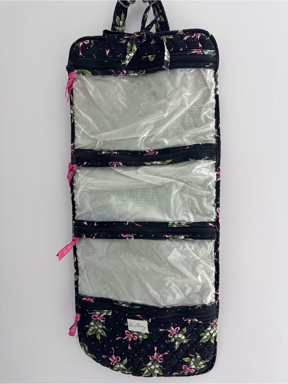 Vera Bradley New Hope Quilted Hanging Cosmetic Organizer-Black with Pink Floral